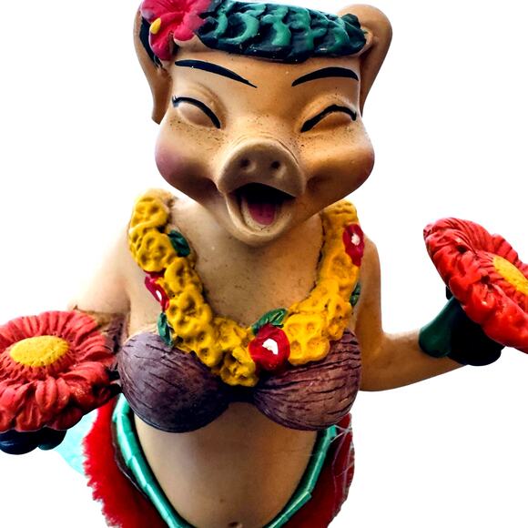 Vtg Bobble Pig Hawaiian Hula Girl Grass Skirt Dancing Dash Resin Figure Fun - Picture 2 of 9